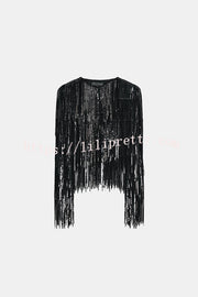 Party Crasher Layered Sequined Tassels Long Sleeve Loose Jacket