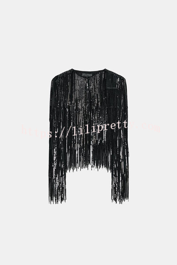 Party Crasher Layered Sequined Tassels Long Sleeve Loose Jacket
