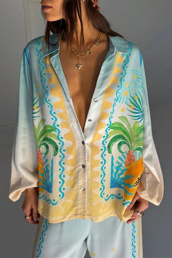 See You in Rio Tropical Fruits Print Button Long Sleeve Loose Blouse