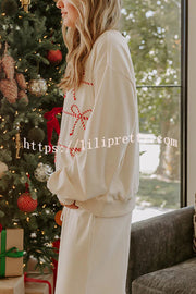 Candy Cane Cutie Loose Bow Tie Long-Sleeved Sweatshirt and Elastic Waist Pocket Pants Set