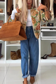 Floral Print Loose Long-sleeved Zip-up Jacket