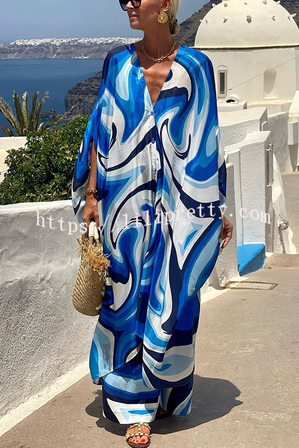 Shades of Sky Printed Button Loose Cover-up Top and Elastic Waist Wide Leg Pants Suit