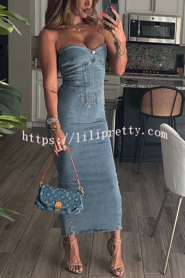 Cutie Denim Rosette Detail Corset Off Shoulder Stretch Maxi Dress
