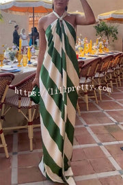 Most Dreamy Stripe Print Halter Tie-up Backless Pocket Loose Maxi Dress