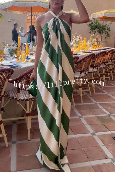 Most Dreamy Stripe Print Halter Tie-up Backless Pocket Loose Maxi Dress