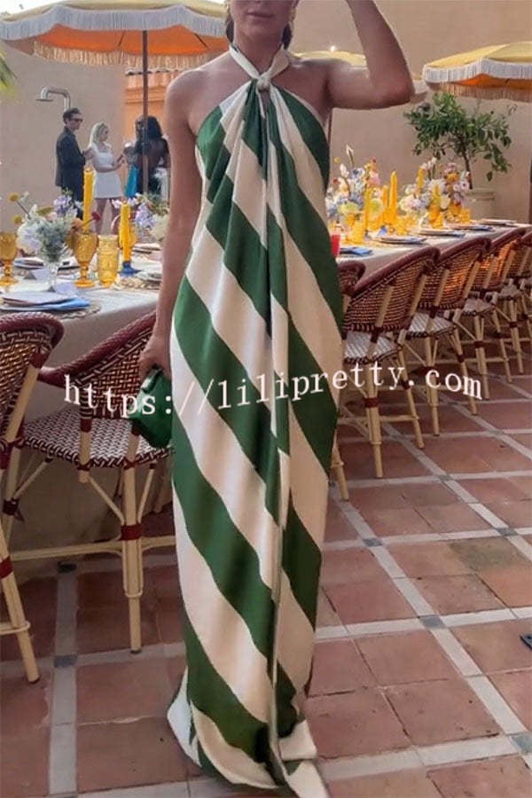 Most Dreamy Stripe Print Halter Tie-up Backless Pocket Loose Maxi Dress