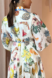 Hopeful Moments Tropical Fruit Print Balloon Sleeve Patchwork Shirt Midi Dress