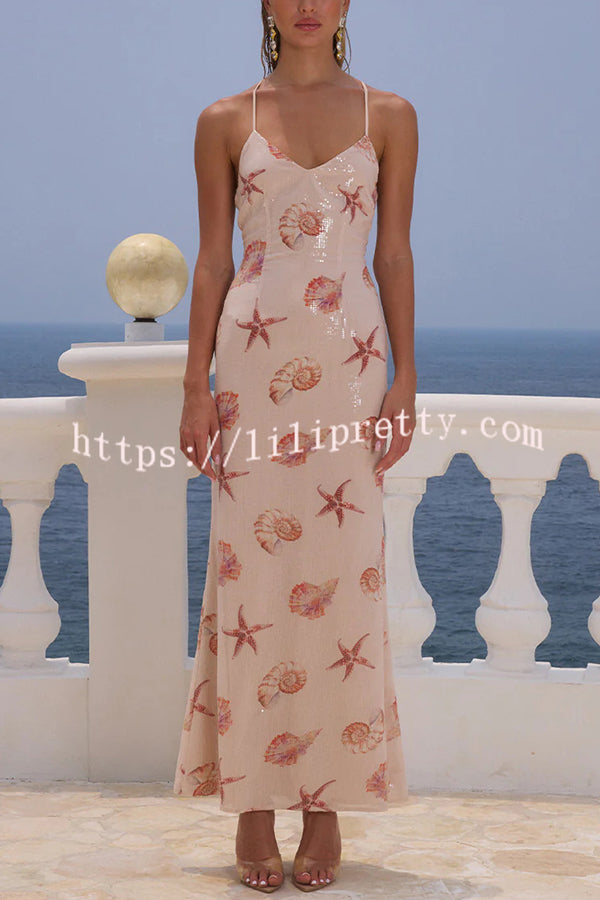 Beach Club Sequin Unique Print Open Back Stretch Maxi Dress