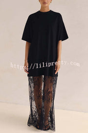 Ophelia Short Sleeve Sheer Floral Lace Hem Oversized T-shirt Maxi Dress