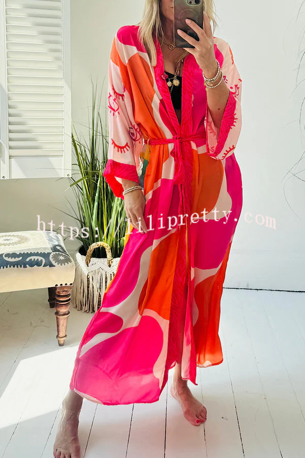 Elevate Beach Style Unique Print Long Sleeve Belted Pocket Cover-up Kimono