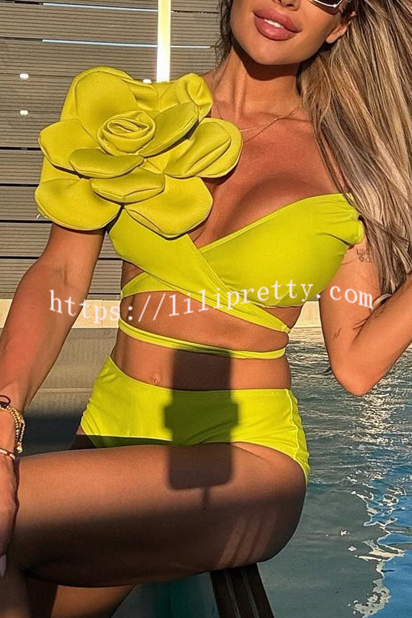 Solid Color Large Flower Decoration High Waist Elastic Two Piece Bikini Swimsuit