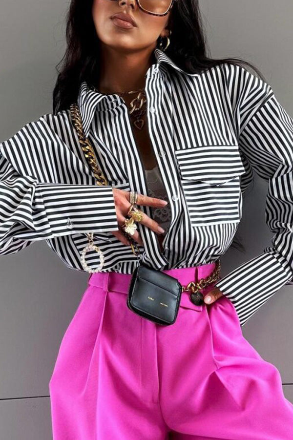 Stripe Print Lapel Long Sleeve Pocket Casual Shirt