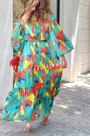 Multicolor Printed Lapel Balloon Sleeves Tie-waist Maxi Dress