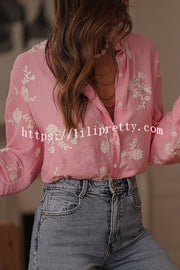 Floral Embroidery Long-Sleeved Button-Up Elegant Shirt