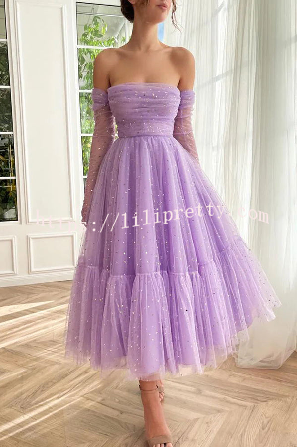 Lilipretty Romantic and Sweet Sequined Tulle Ruched Off Shoulder Layered Midi Dress
