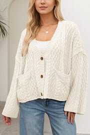 Solid Color Loose V-neck Long-sleeved Casual Pocket Knitted Cardigan
