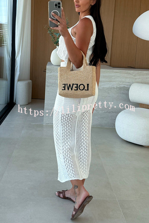 Solid Color Sleeveless Hollow Knit Crop Top and Elastic Slit Slim Midi Skirt Set