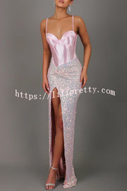 All about Glam Satin Corset Sequin Twist High Leg Split Maxi Dress