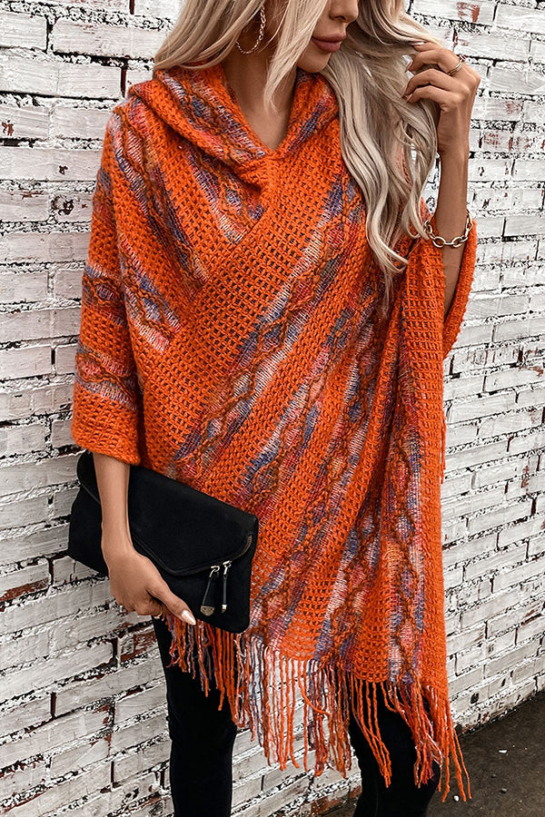 Stylish Colorful Striped Tassel Hem Knitted Hooded Shawl Cape