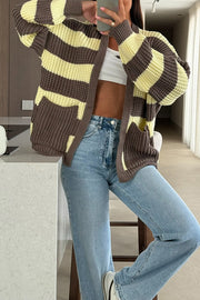 Fashionable Patchwork Striped Casual Pocket Knitted Sweater