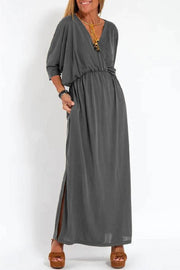 Ultimate Comfort Elastic Waist Half Sleeve Pocketed Slit Maxi Dress