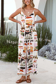 Unique Beach Vacation Print V-neck Suspenders Casual Wide-leg Jumpsuit