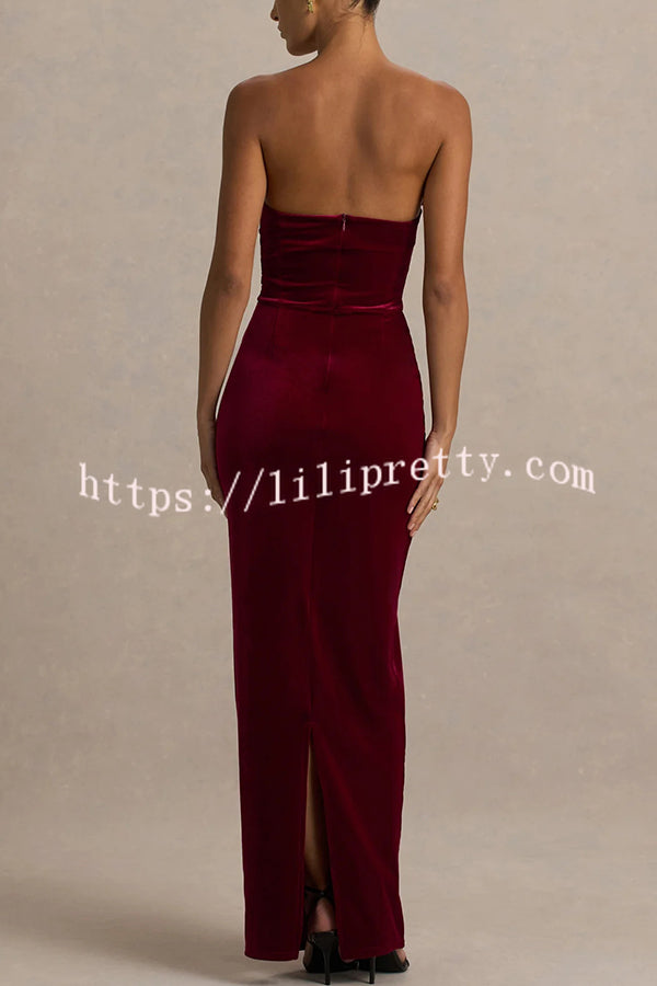 Illusion Velvet Bandeau neck Bow detail Stretch Maxi Dress