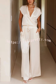 Brylee Satin Wrap Drape Style Top and Elastic Waist Pocket Wide Leg Pants Set