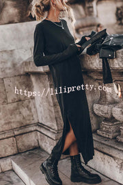 Lilipretty The Bedisse Cotton Blend Long Sleeve Relaxed Slit Midi Dress