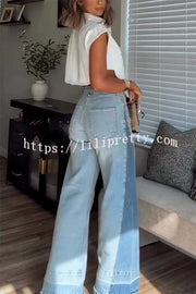 Ellison Denim Side Colorblock High Rise Pocket Wide Leg Jeans