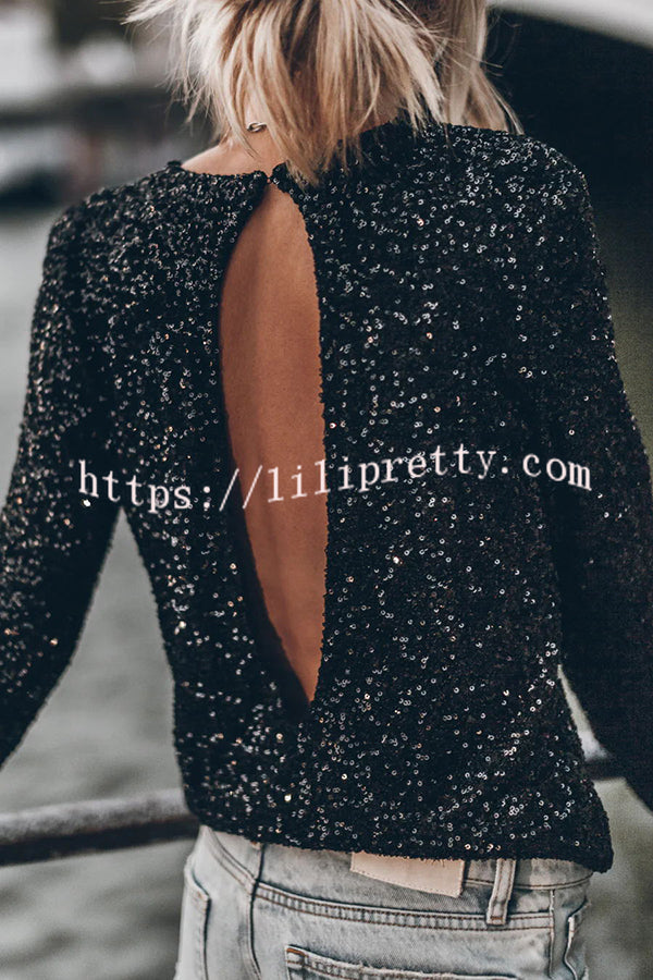 Lilipretty Exclusive Party Sequin Extra Long Slit Sleeves Open Back Top