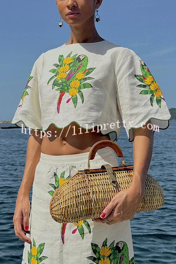 Parrot Print Round Neck Loose Crop Top and Elastic Waist Pocket Casual Midi Skirt Set
