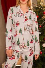 Christmas Holiday Print Long Sleeve Pocket Top and Elastic Waist Loose Pants Set