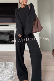 Autumn Travel Knit Cable Long Sleeve Sweater and Elastic High Waist Wide Leg Pants Set