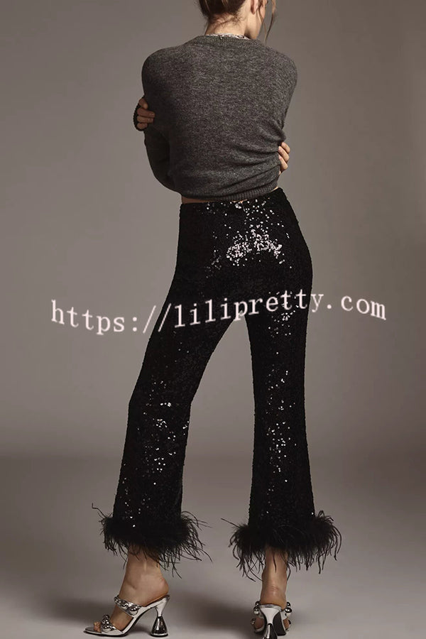New Year Eve Sequin Feather Trim High Rise Back Zipper Flare Pants