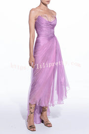Julie Tulle Lace Trim Off Shoulder Ruched Back Lace-up Drape Slit Maxi Dress