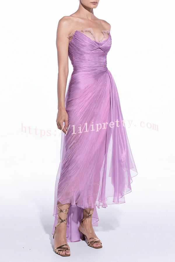Julie Tulle Lace Trim Off Shoulder Ruched Back Lace-up Drape Slit Maxi Dress