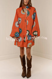 Linen Blend Unique Print Tie Waist Loose Mini Dress