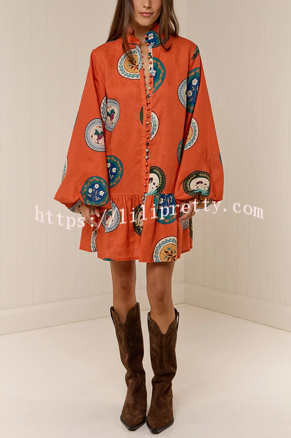 Linen Blend Unique Print Tie Waist Loose Mini Dress