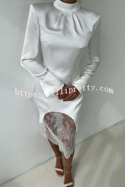 Melissa Satin High Neck Long Sleeve Curved Hem Top and Lace Midi Skirt Set