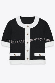 Fashionable Contrast Color Short-sleeved Button-down Top