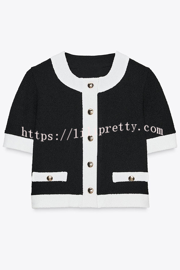 Fashionable Contrast Color Short-sleeved Button-down Top
