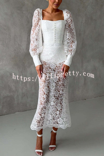 Timeless Moment Floral Lace Square Neck Button Up Balloon Sleeve Top