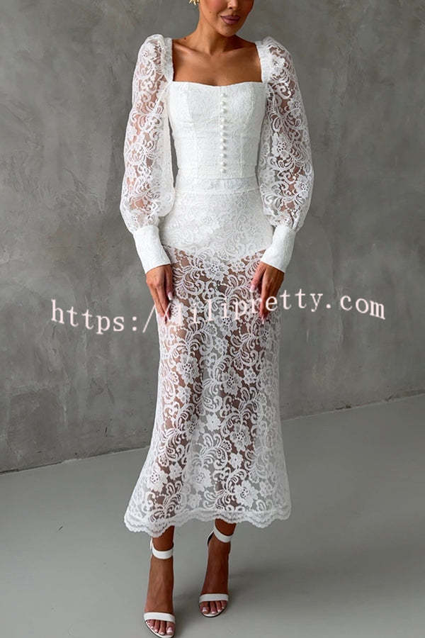 Timeless Moment Floral Lace Square Neck Button Up Balloon Sleeve Top