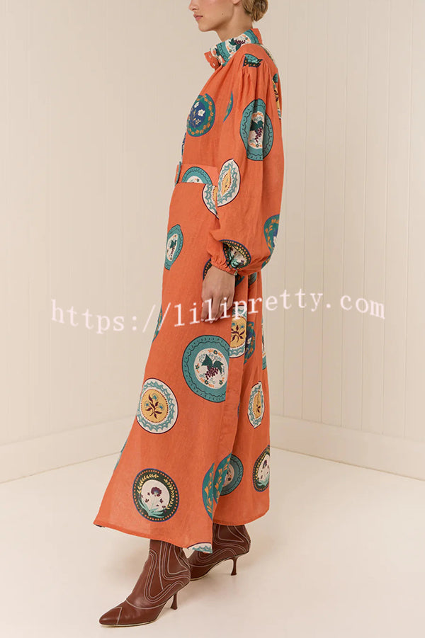 Linen Blend Unique Print Belted Single-breasted Casual Maxi Dress