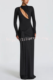 Sexy Cutout Fitted Long-sleeved Pleated Satin Ribbon Maxi Dresses