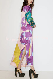 Lilipretty Artistic Nature Satin Unique Print Contrast Slit Relaxed Vacation Maxi Dress