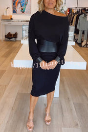 Winston Faux Leather Patchwork Wide Belt Design One Shoulder Stretch Midi Dress