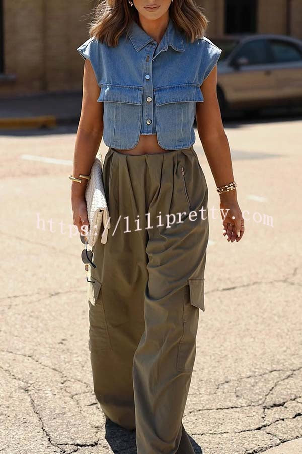 Stylish Weekend Denim Button Up Cape Sleeve Pocket Crop Top