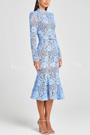 Feminine and Elegant Flower Lace Long Sleeve Bow Belted Flare Midi Dress